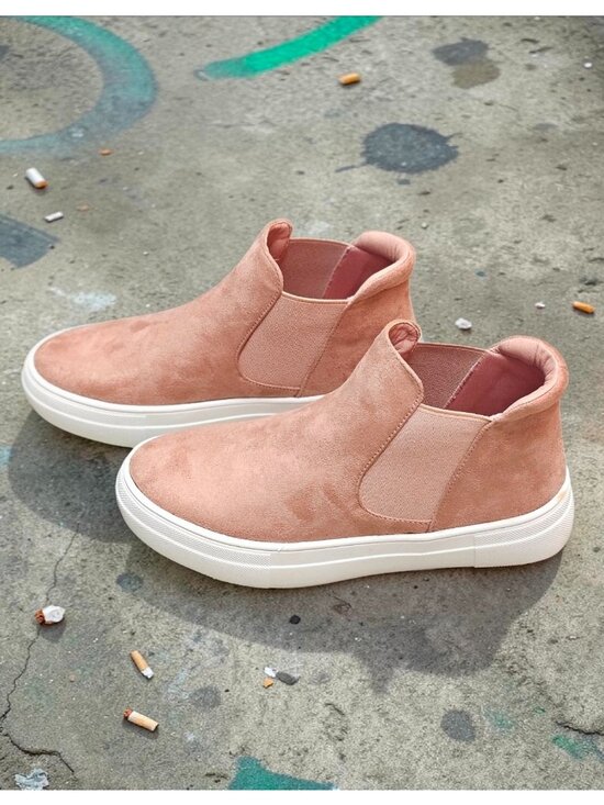 Shoes - Blush Nubuck Slip-On Platform Sneakers With Elastic Side Panels & White Soles Fo